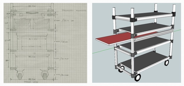 Hand-drawn dimensions and a 3D concept for a multi-level Kanban push cart